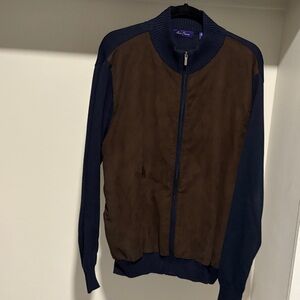 Suede front and cotton letterman sweater with ribbed cuff and waist. Size large.